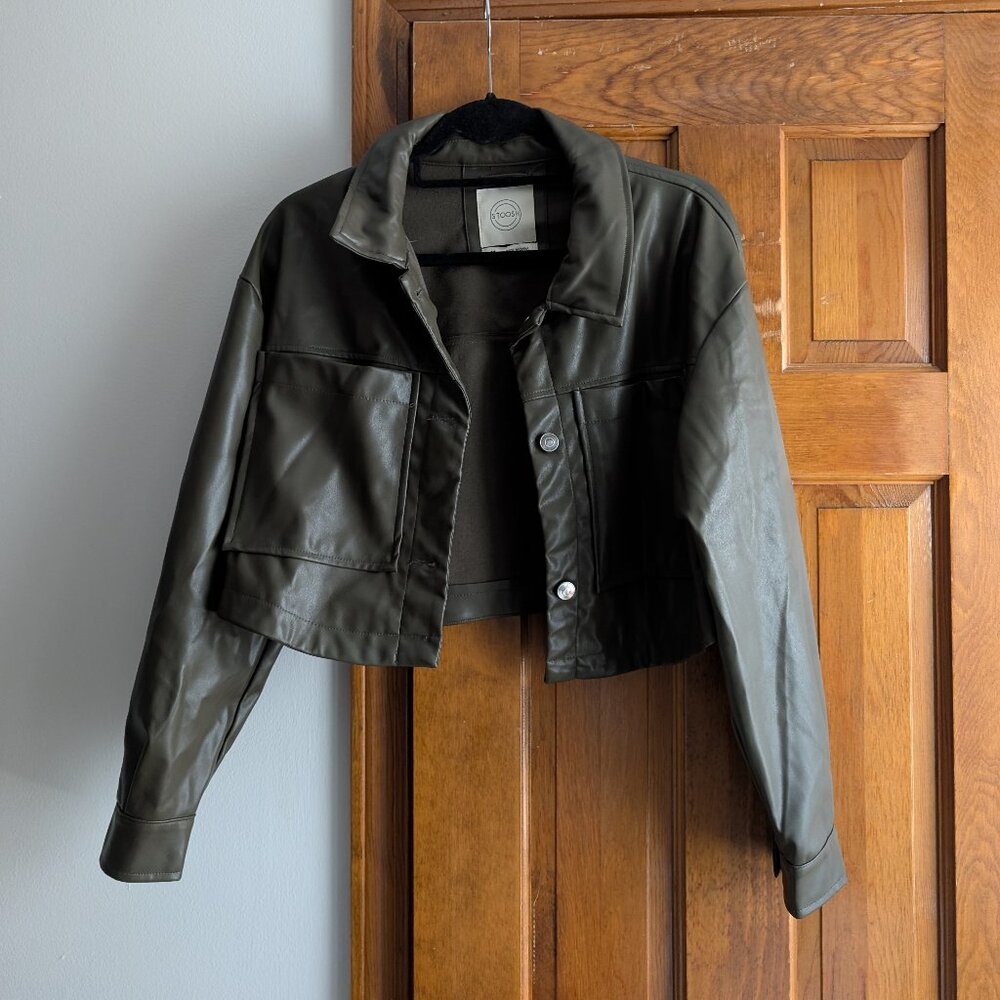 Vegan Leather Cropped Jacket – Army Green | Women’s Faux Leather Moto Style
